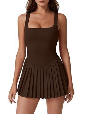 Quinsen Square Neck Athletic Tennis Dress Pleated Skirt Brown Size Small